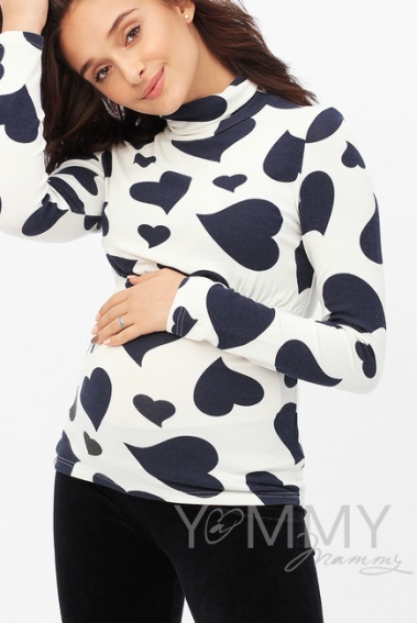 Водолазка с принтом "сердца" для беременных и кормящих, цвет экрю