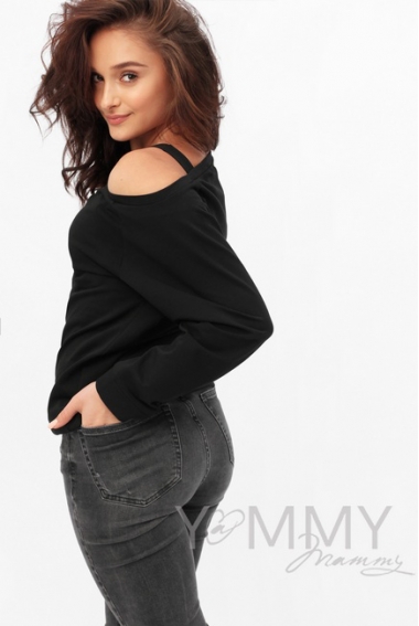 Джемпер со спущенным плечом для беременных и кормящих, черный