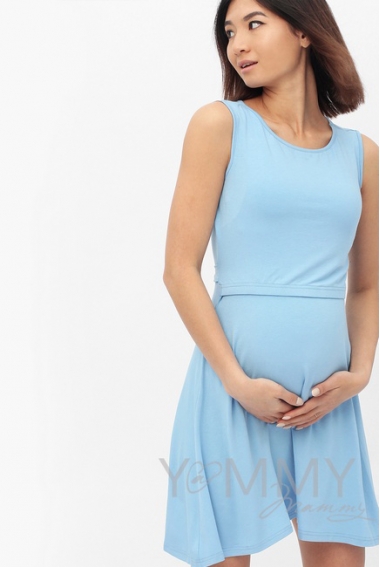 Платье для беременных и кормящих с пояском, голубое