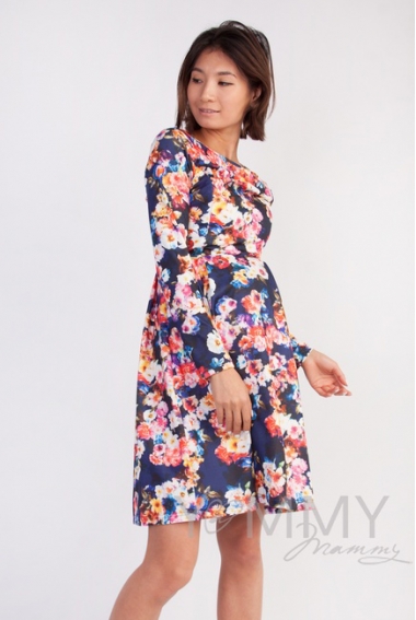 Платье для кормящих и беременных со складками, синий/цветы