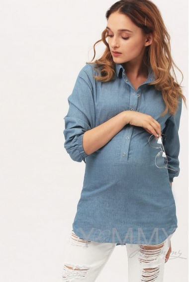 Рубашка для кормящих и беременных джинсовая, голубая в горошек