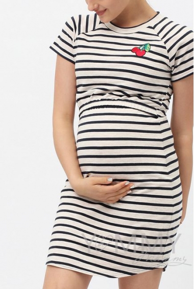 Платье для кормящих и беременных, в полоску с вышивкой вишня