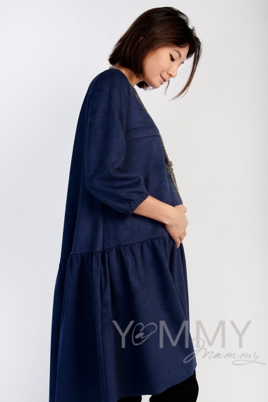 Замшевое платье для беременных и кормящих с воланом, темно-синее