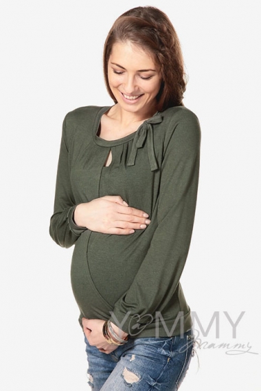 Блуза для беременных и кормящих с бантом, цвет хаки
