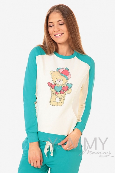 Толстовка для кормящих и беременных  с принтом "Teddy", цвет ментол/экрю