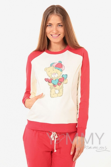 Толстовка для кормящих и беременных  с принтом "Teddy", цвет коралловая/экрю