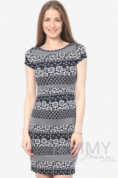 Платье для кормящих и беременных темно-синее с цветочным принтом
