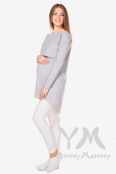 Платье-туника для беременных и кормящих с длинным рукавом, серый меланж