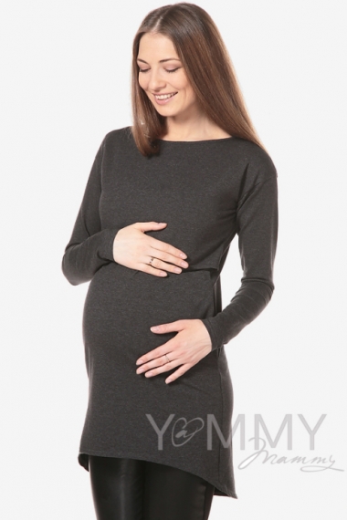 Платье-туника для кормящих и беременных с длинным рукавом, темно-серое
