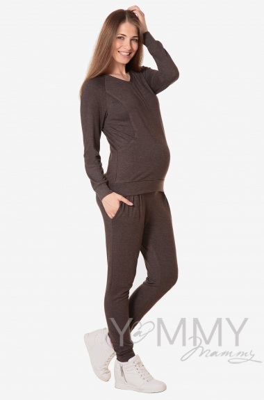 Костюм для беременных и кормящих из джемпера и брюк, мускат меланж