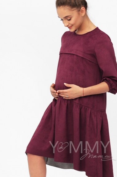 Замшевое платье для кормящих и беременных с воланом, марсала