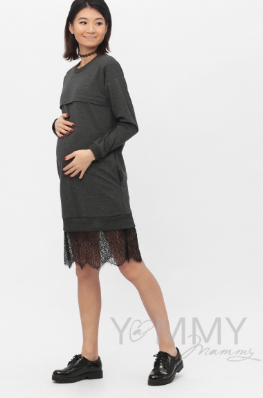 Платье для кормящих и беременных с кружевом, темно-серый меланж