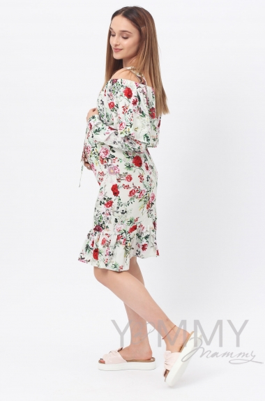 Платье для беременных и кормящих с воланом и длинным рукавом, цветочный принт