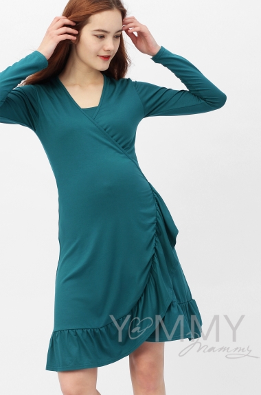 Платье на запах для беременных и кормящих с воланом, изумрудное