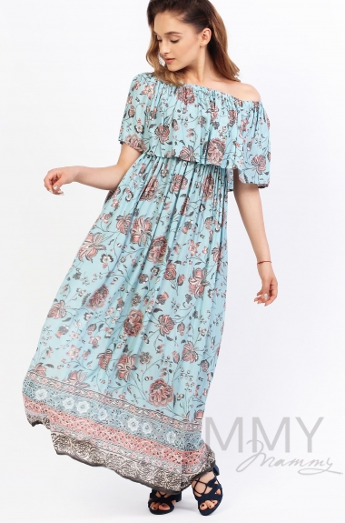 Платье-сарафан с оборкой по плечам голубое для кормящих