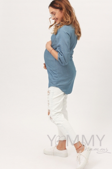 Рубашка для кормящих и беременных джинсовая, голубая в горошек