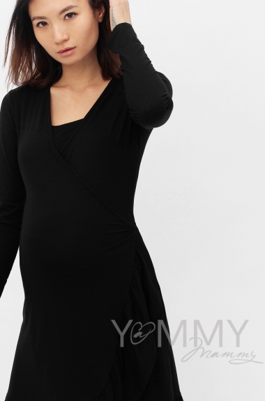 Платье для кормящих и беременных на запах с воланом, черное