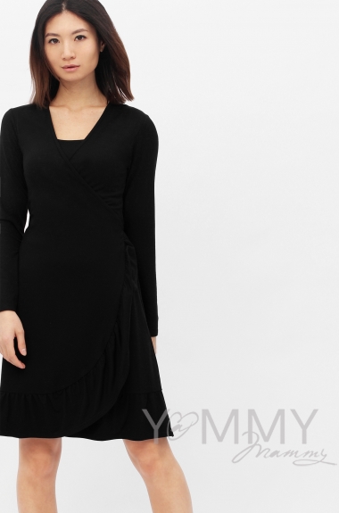 Платье для кормящих и беременных на запах с воланом, черное