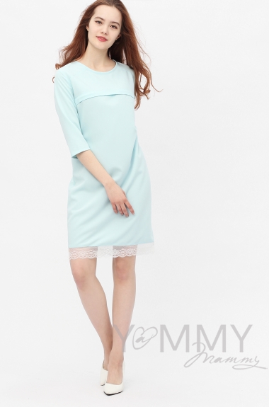 Платье для кормящих и беременных с кружевом, небесно-голубое