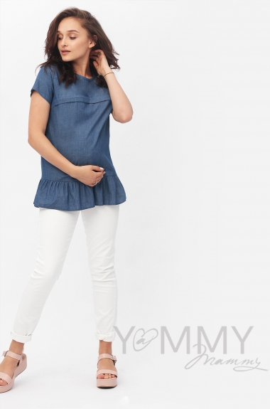 Блуза для беременных и  кормящих с воланом, деним