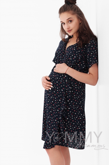 Платье для беременных и кормящих на запах с цветочным принтом, цвет темно-синий