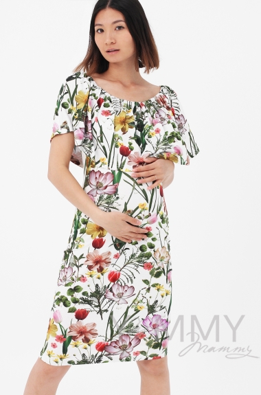Платье "майка" для беременных и кормящих с воланом на плечах, цвет экрю / цветы