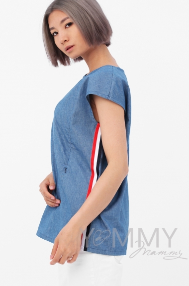 Блуза для беременных и кормящих джинс с лампасами, цвет синий