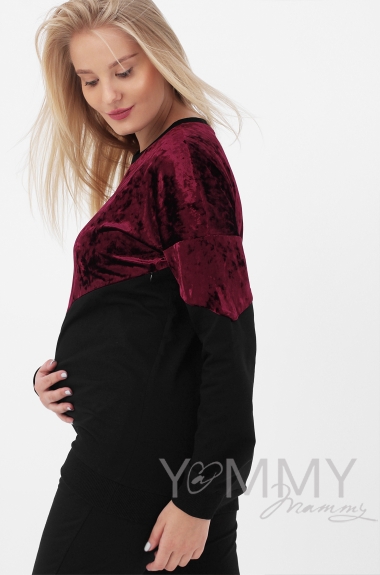 Джемпер для беременных и кормящих с велюром, цвет черный/бордо
