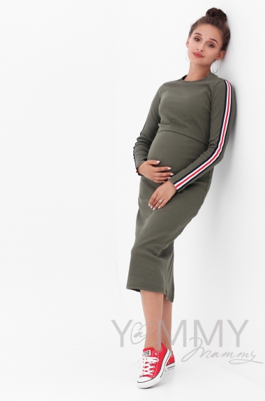 Платье для кормящих и беременных с лампасами, цвет хаки