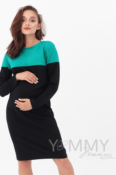 Платье для беременных и кормящих колор-блок, черное с зеленым