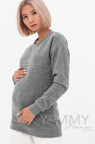Джемпер для беременных и кормящих флисовый, темно-серый меланж