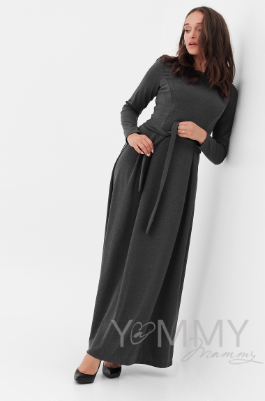Платье для кормящих и беременных в пол, юбка со складками , цвет темно - серый меланж