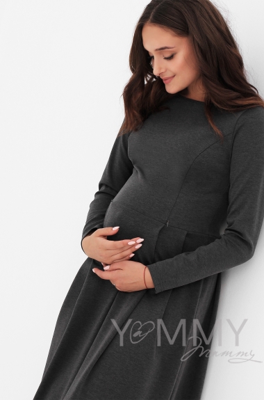 Платье для кормящих и беременных в пол, юбка со складками , цвет темно - серый меланж