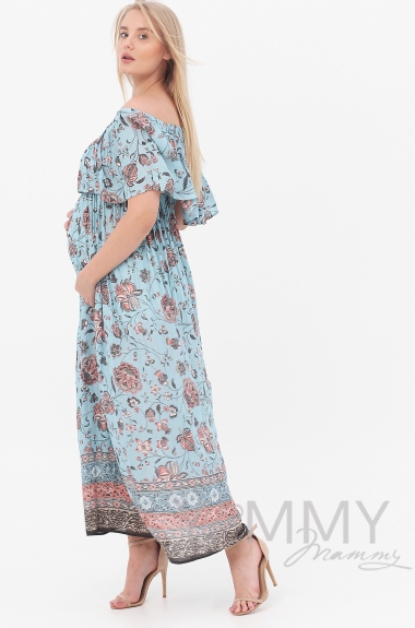 Платье-сарафан с оборкой по плечам голубое для кормящих