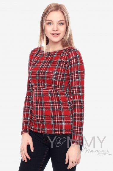 Лонгслив для кормящих и беременных, в красную клетку
