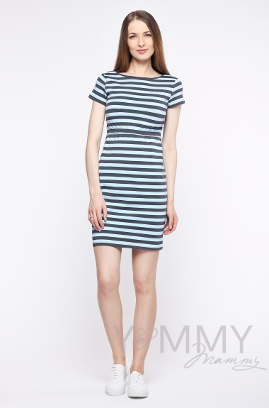 Платье для кормящих и беременных, голубое в серую полоску