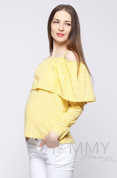 Блуза для беременных и кормящих с воланом, желтая с цветочным принтом