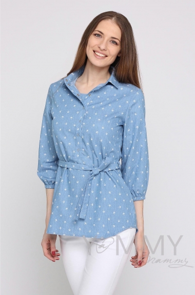 Рубашка для кормящих и беременных джинсовая, голубая с принтом "зонтики"