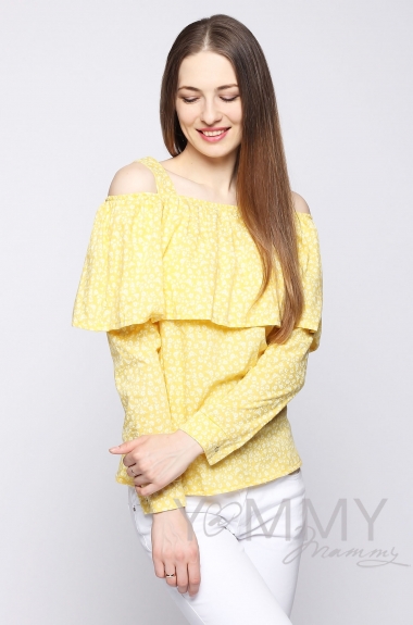 Блуза для беременных и кормящих с воланом, желтая с цветочным принтом
