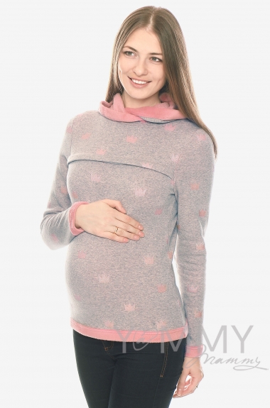 Толстовка для кормящих и беременных с капюшоном на меху, серый меланж с розовыми коронами