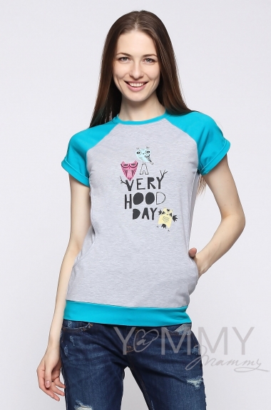 Футболка для беременных и кормящих, серый меланж/бирюза с принтом