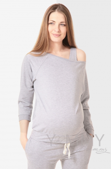 Джемпер для беременных и кормящих со спущенным плечом, светло-серый меланж