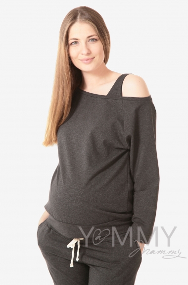 Джемпер для кормящих и беременных со спущенным плечом, темно-серый меланж