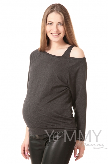 Джемпер для кормящих и беременных со спущенным плечом, темно-серый меланж