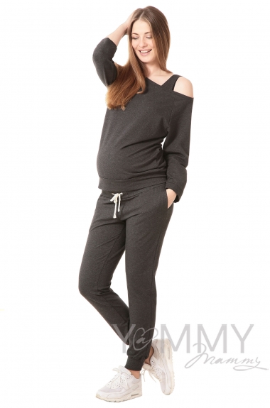 Джемпер для кормящих и беременных со спущенным плечом, темно-серый меланж